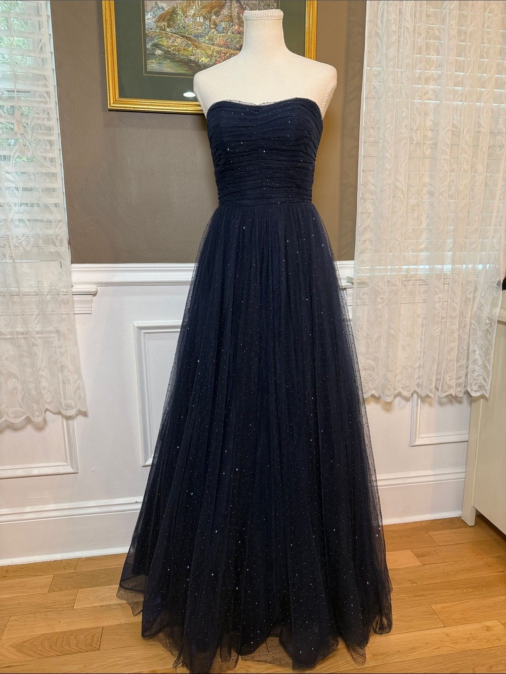 Abbi Vonn by La Femme Size 4 Navy Sparkly Tulle Strapless Ball Gown Prom Formal